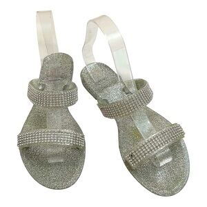 Bamboo Size 39 Dalia Silver Sparkly Flat Jeweled Double Strap Rhinestone Sandal